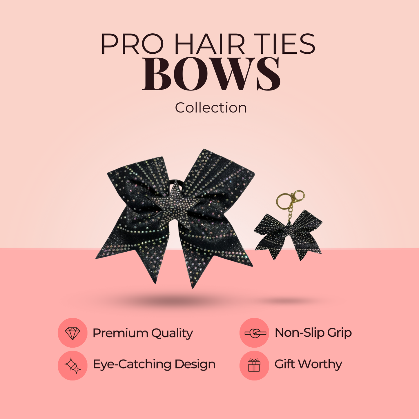 Black Star Cheer Bow Hair Accessory with Glittering Rhinestones