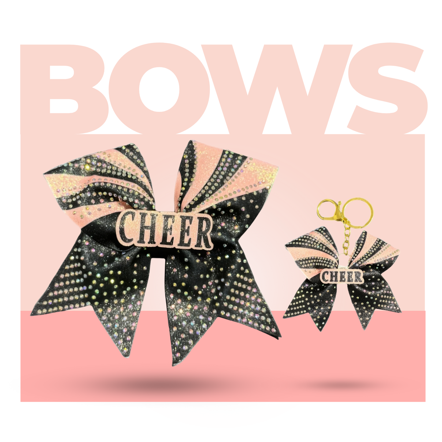 Black and Pink Cheer Bow Hair Accessory with Glittering Rhinestones