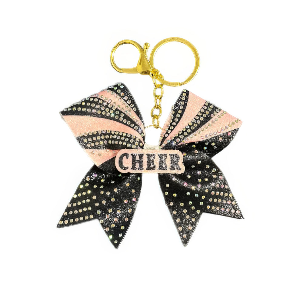 Black and Pink Cheer Bow Hair Accessory with Glittering Rhinestones
