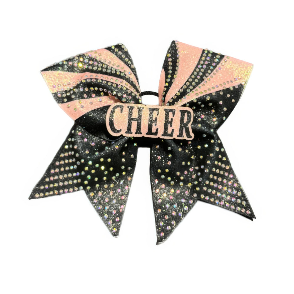 Black and Pink Cheer Bow Hair Accessory with Glittering Rhinestones